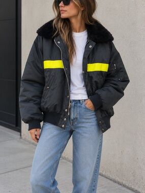 Vintage 80s Golden Bay Canada Black Bomber Jacket Faux Fur Collar Women's
